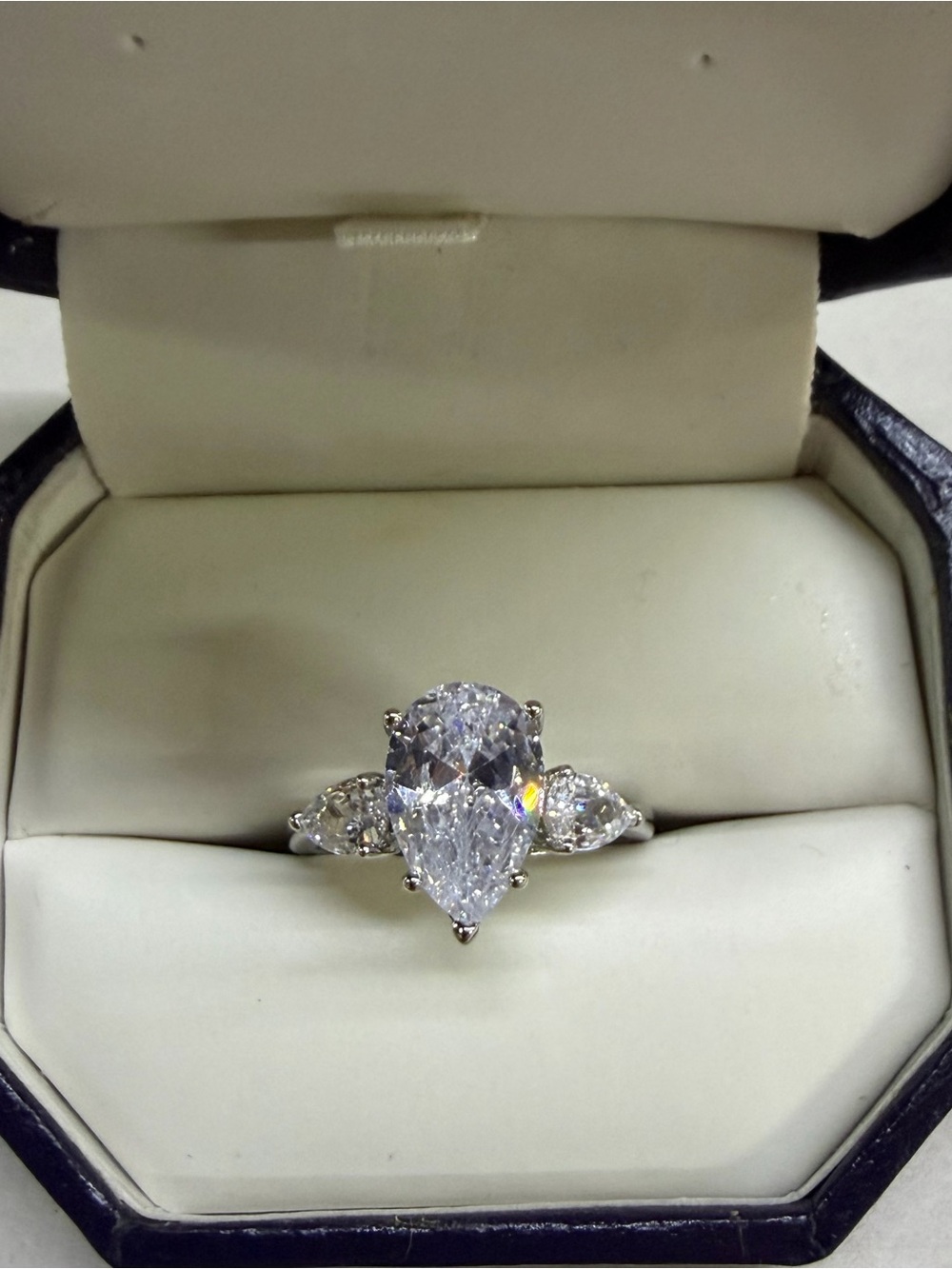 Pear-Shaped White Cubic Zirconia Three-Stone Ring in Silver Tone